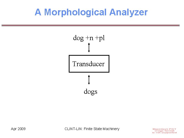 A Morphological Analyzer dog +n +pl Transducer dogs Apr 2009 CLINT-LIN: Finite State Machinery