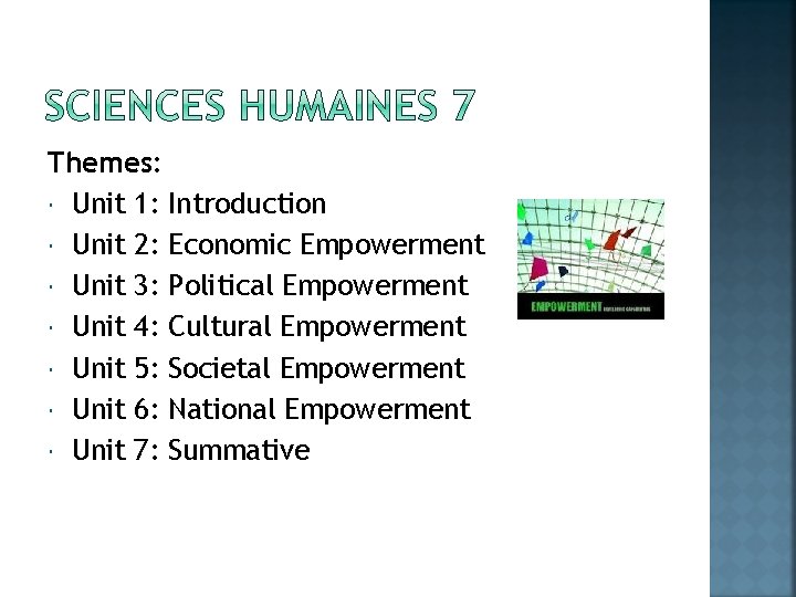Themes: Unit 1: Introduction Unit 2: Economic Empowerment Unit 3: Political Empowerment Unit 4: