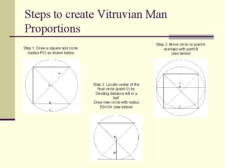 Steps to create Vitruvian Man Proportions Step 2: Move circle so point A overlaps Steps to create Vitruvian Man Proportions Step 2: Move circle so point A overlaps