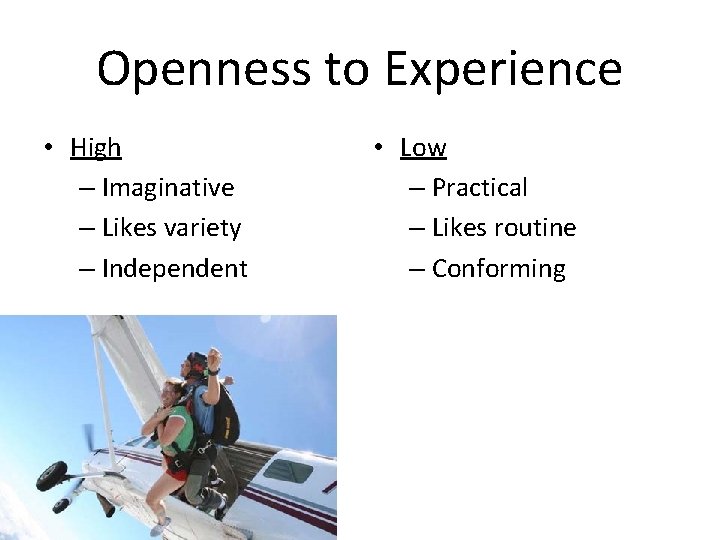 Openness to Experience • High – Imaginative – Likes variety – Independent • Low