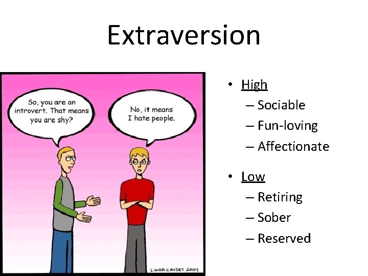 Extraversion • High – Sociable – Fun-loving – Affectionate • Low – Retiring –