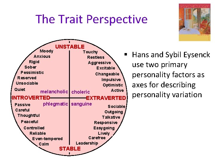 The Trait Perspective Moody Anxious Rigid Sober Pessimistic Reserved Unsociable Quiet UNSTABLE § Hans