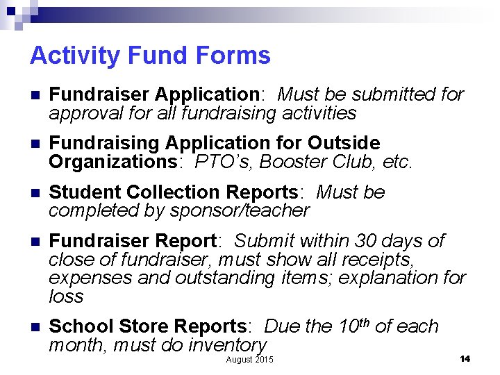 Activity Fund Forms n Fundraiser Application: Must be submitted for approval for all fundraising
