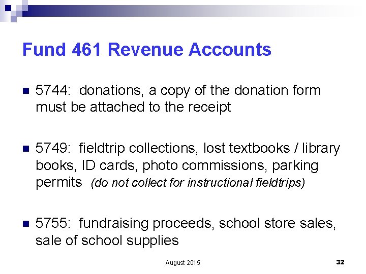 Fund 461 Revenue Accounts n 5744: donations, a copy of the donation form must