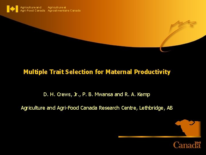 Agriculture and Agriculture et Agri-Food Canada Agroalimentaire Canada Multiple Trait Selection for Maternal Productivity