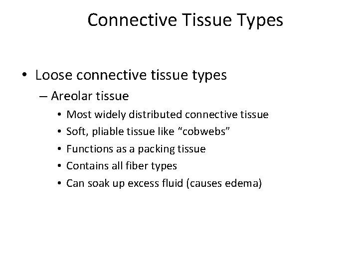 Connective Tissue Types • Loose connective tissue types – Areolar tissue • • •