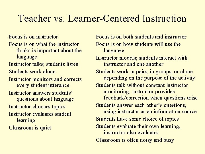 Teacher vs. Learner-Centered Instruction Focus is on instructor Focus is on what the instructor Teacher vs. Learner-Centered Instruction Focus is on instructor Focus is on what the instructor