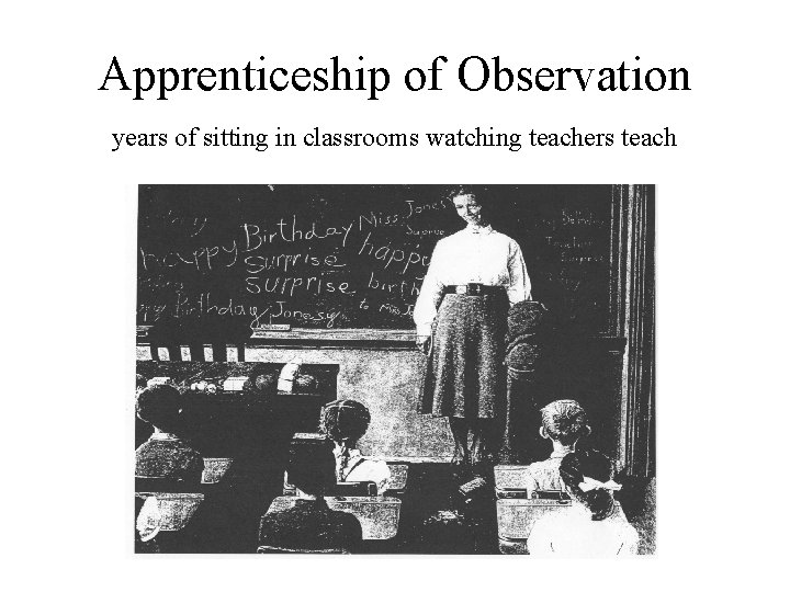 Apprenticeship of Observation years of sitting in classrooms watching teachers teach Apprenticeship of Observation years of sitting in classrooms watching teachers teach