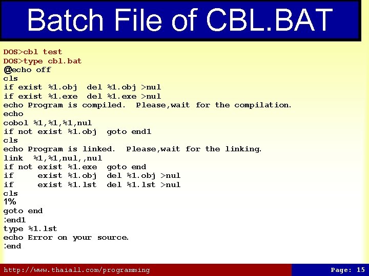Batch File of CBL. BAT DOS>cbl test DOS>type cbl. bat @echo off cls if