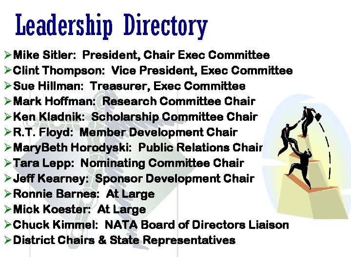 Leadership Directory ØMike Sitler: President, Chair Exec Committee ØClint Thompson: Vice President, Exec Committee Leadership Directory ØMike Sitler: President, Chair Exec Committee ØClint Thompson: Vice President, Exec Committee