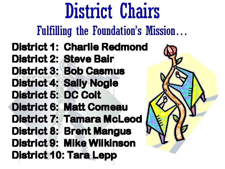 District Chairs Fulfilling the Foundation’s Mission… District 1: Charlie Redmond District 2: Steve Bair District Chairs Fulfilling the Foundation’s Mission… District 1: Charlie Redmond District 2: Steve Bair
