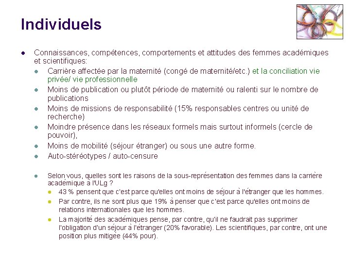 Individuels l Connaissances, compétences, comportements et attitudes femmes académiques et scientifiques: l Carrière affectée