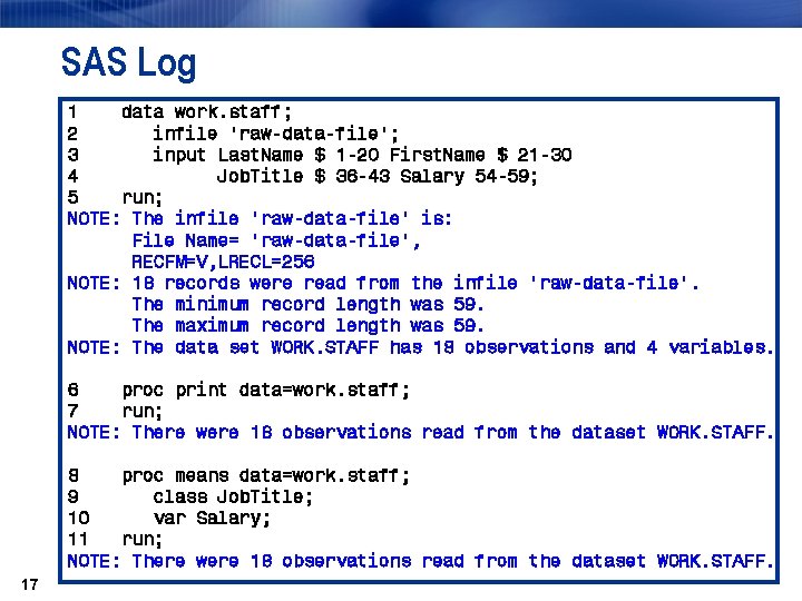 SAS Log 1 data work. staff; 2 infile 'raw-data-file'; 3 input Last. Name $