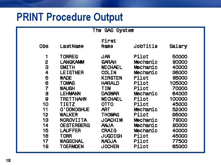 PRINT Procedure Output The SAS System First Obs Last. Name Job. Title Salary 1