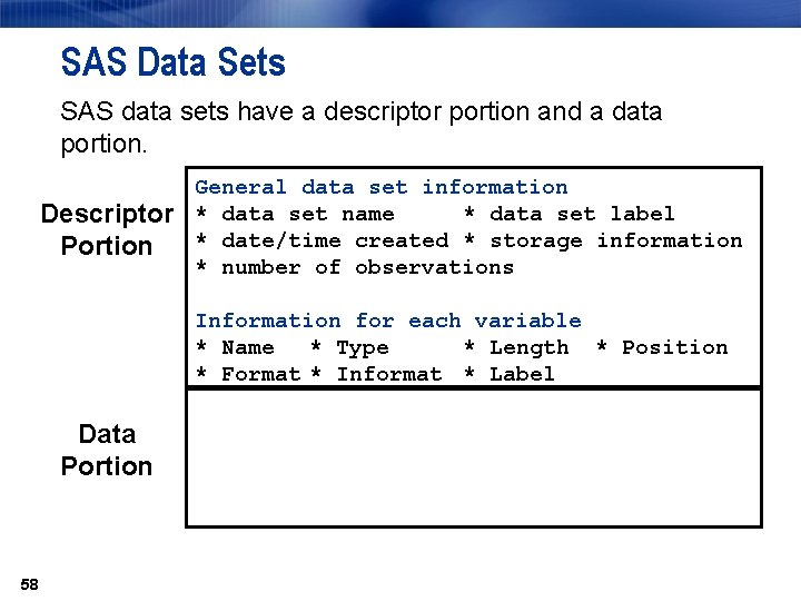 SAS Data Sets SAS data sets have a descriptor portion and a data portion.