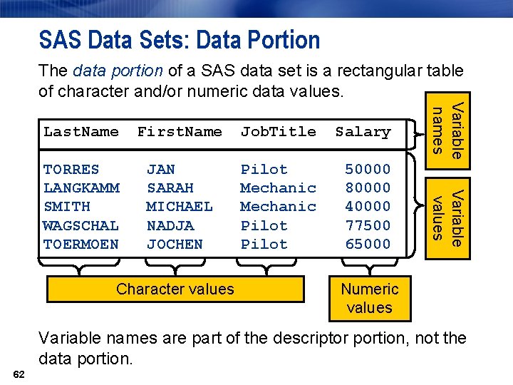 SAS Data Sets: Data Portion The data portion of a SAS data set is