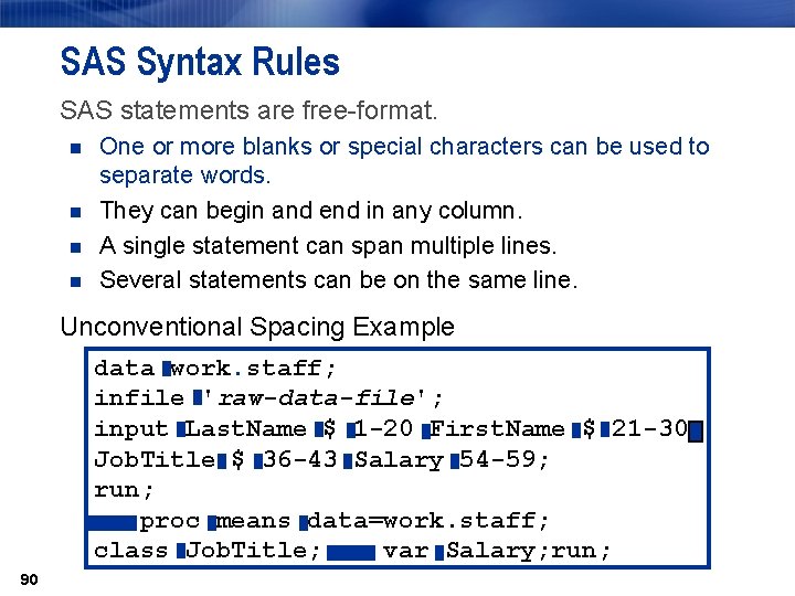 SAS Syntax Rules SAS statements are free-format. n n One or more blanks or