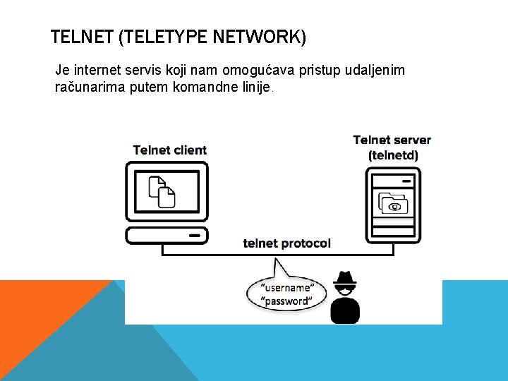 TELNET (TELETYPE NETWORK) Je internet servis koji nam omogućava pristup udaljenim računarima putem komandne