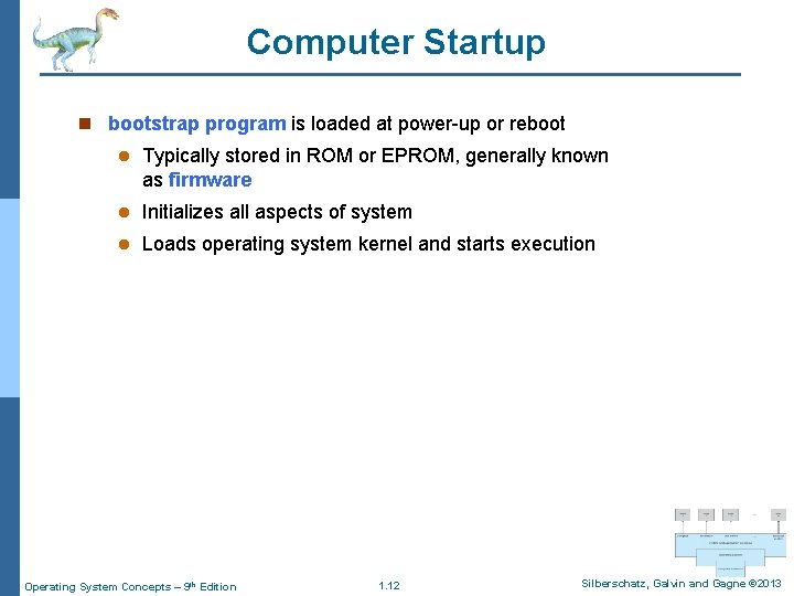 Computer Startup n bootstrap program is loaded at power-up or reboot l Typically stored