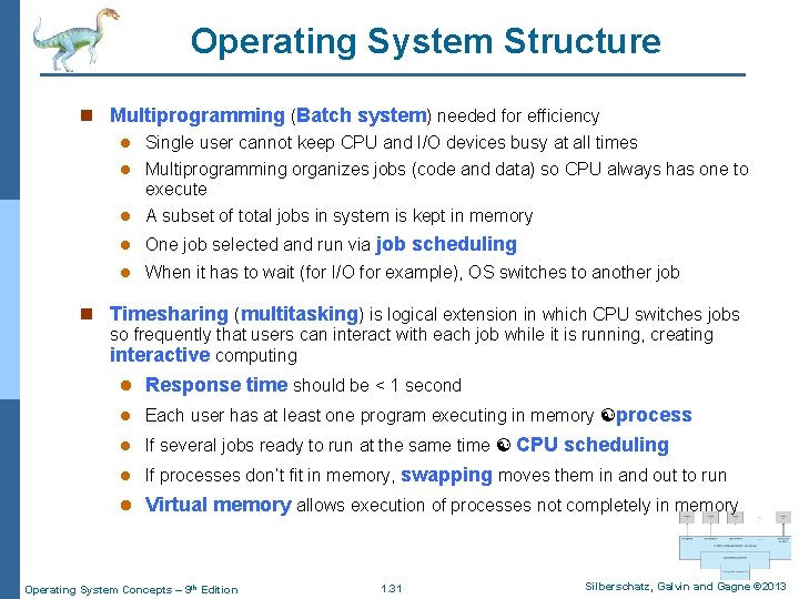 Operating System Structure n Multiprogramming (Batch system) needed for efficiency l Single user cannot