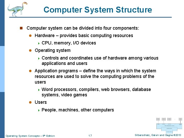 Computer System Structure n Computer system can be divided into four components: l Hardware