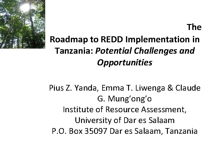The Roadmap to REDD Implementation in Tanzania: Potential Challenges and Opportunities Pius Z. Yanda,