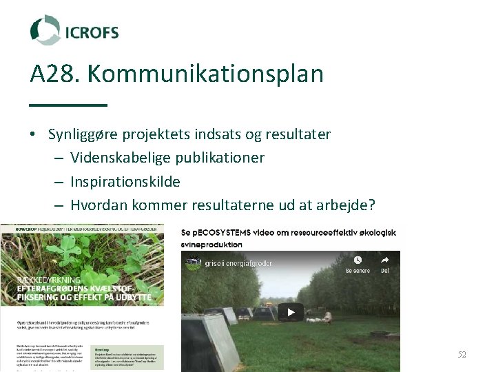 A 28. Kommunikationsplan • Synliggøre projektets indsats og resultater – Videnskabelige publikationer – Inspirationskilde