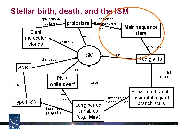 Stellar birth, death, and the ISM gravitational collapse Giant molecular clouds protostars wind …stellar