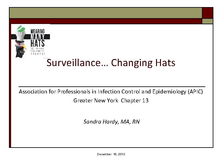 Surveillance… Changing Hats Association for Professionals in Infection Control and Epidemiology (APIC) Greater New