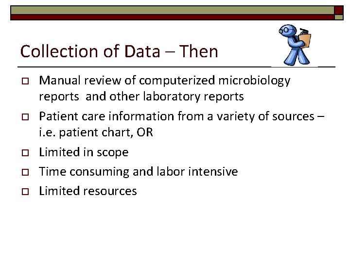Collection of Data – Then o o o Manual review of computerized microbiology reports