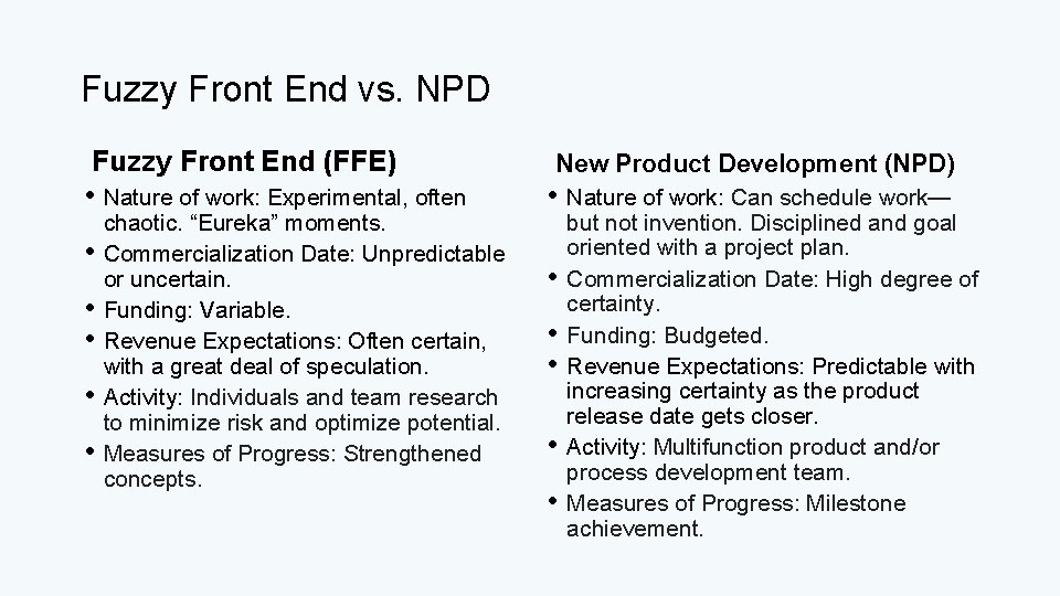 Fuzzy Front End vs. NPD Fuzzy Front End (FFE) • Nature of work: Experimental,