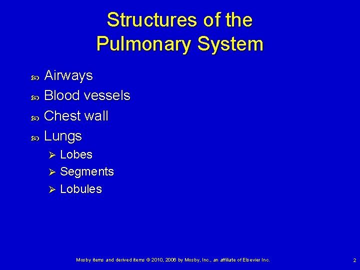 Structures of the Pulmonary System Airways Blood vessels Chest wall Lungs Lobes Ø Segments