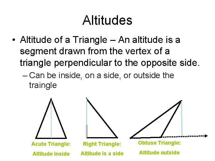 Altitudes • Altitude of a Triangle – An altitude is a segment drawn from