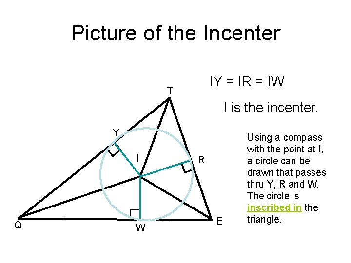 Picture of the Incenter IY = IR = IW T I is the incenter.