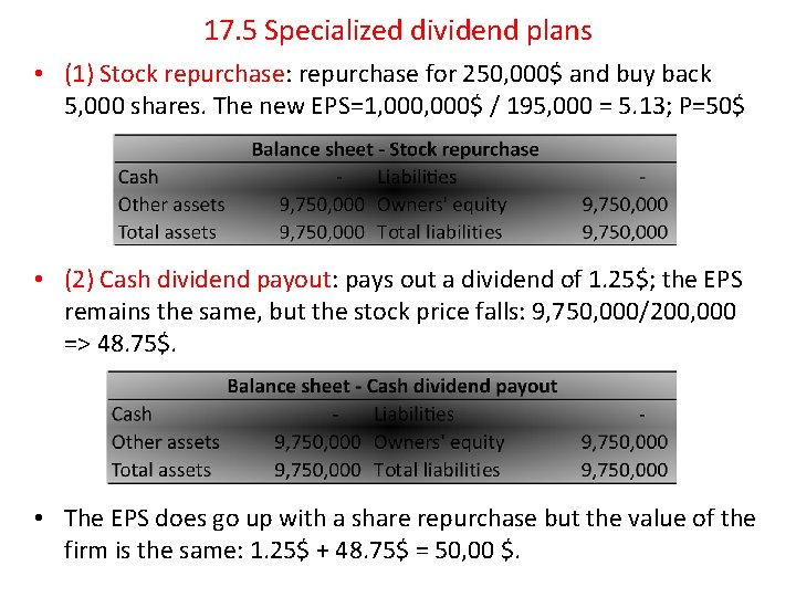 17. 5 Specialized dividend plans • (1) Stock repurchase: repurchase for 250, 000$ and