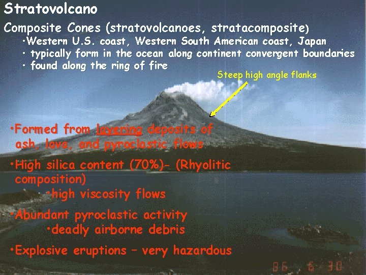 Stratovolcano Composite Cones (stratovolcanoes, stratacomposite) • Western U. S. coast, Western South American coast,
