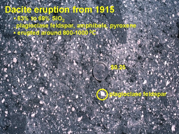 Dacite eruption from 1915 • 63% to 68% Si. O 2 • plagioclase feldspar,