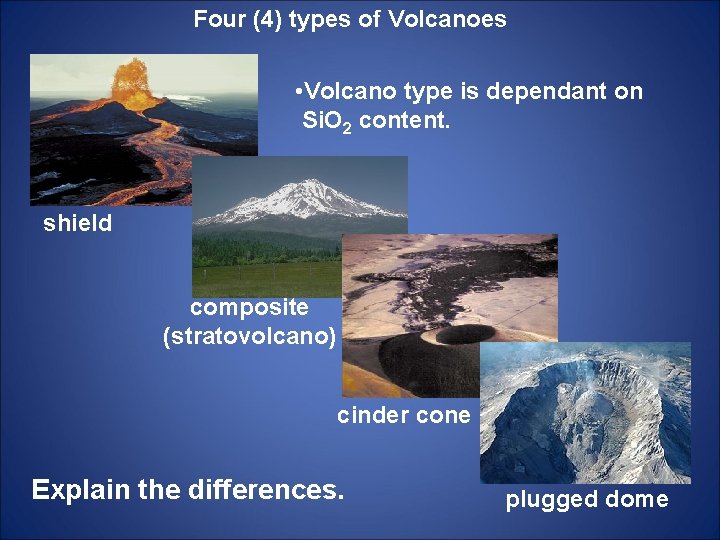 Four (4) types of Volcanoes • Volcano type is dependant on Si. O 2