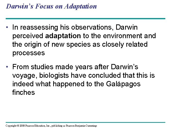 Darwin’s Focus on Adaptation • In reassessing his observations, Darwin perceived adaptation to the