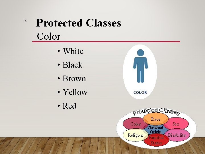 14 Protected Classes Color • White • Black • Brown • Yellow • Red