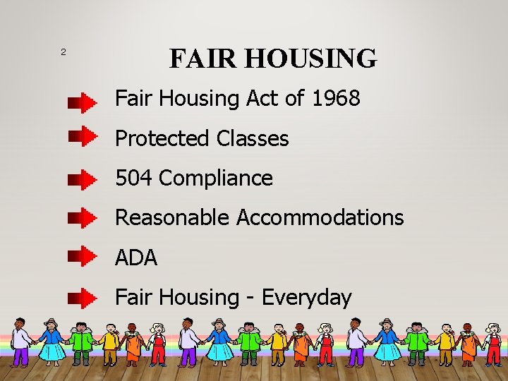 FAIR HOUSING 2 Fair Housing Act of 1968 Protected Classes 504 Compliance Reasonable Accommodations