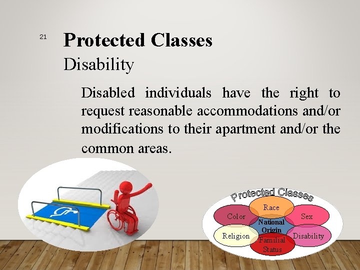 21 Protected Classes Disability Disabled individuals have the right to request reasonable accommodations and/or