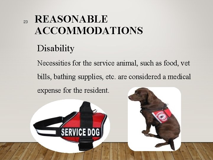 23 REASONABLE ACCOMMODATIONS Disability Necessities for the service animal, such as food, vet bills,