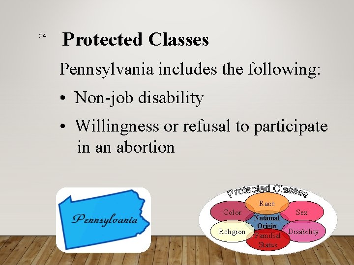 34 Protected Classes Pennsylvania includes the following: • Non-job disability • Willingness or refusal