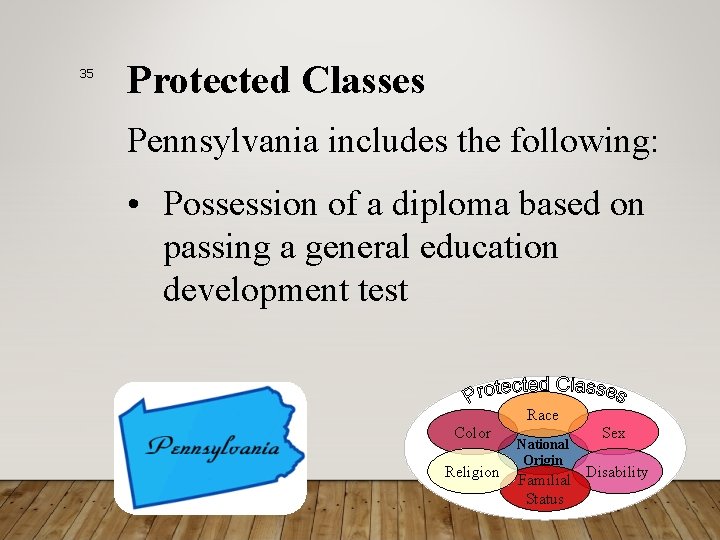 35 Protected Classes Pennsylvania includes the following: • Possession of a diploma based on