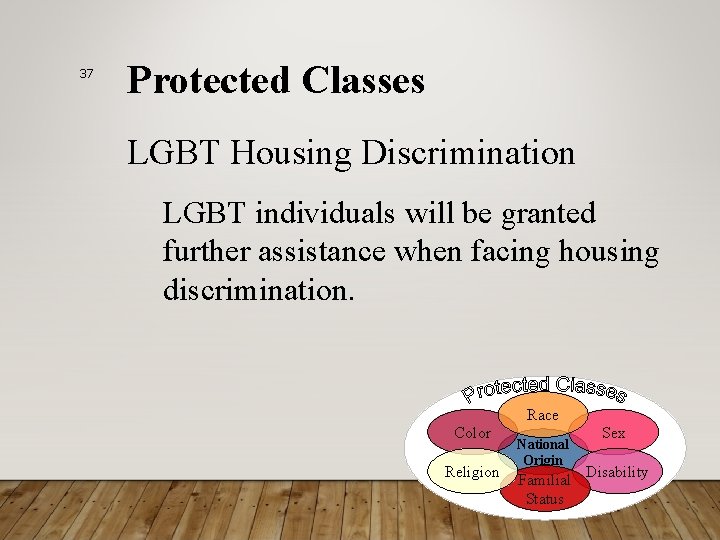 37 Protected Classes LGBT Housing Discrimination LGBT individuals will be granted further assistance when