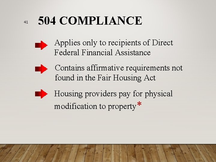 41 504 COMPLIANCE Applies only to recipients of Direct Federal Financial Assistance Contains affirmative