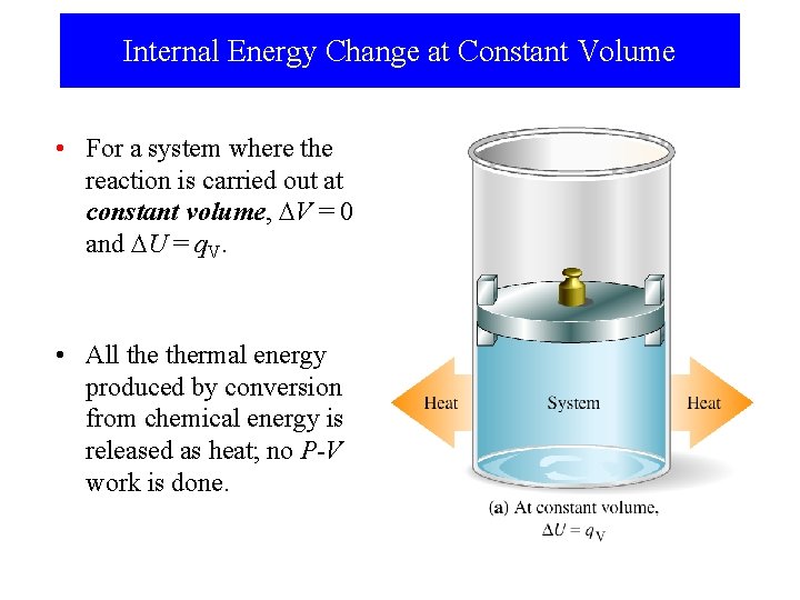 Internal Energy Change at Constant Volume • For a system where the reaction is