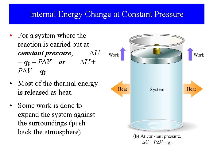 lnternal Energy Change at Constant Pressure • For a system where the reaction is