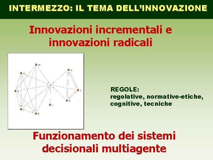 INTERMEZZO: IL TEMA DELL’INNOVAZIONE Innovazioni incrementali e innovazioni radicali REGOLE: regolative, normative-etiche, cognitive, tecniche